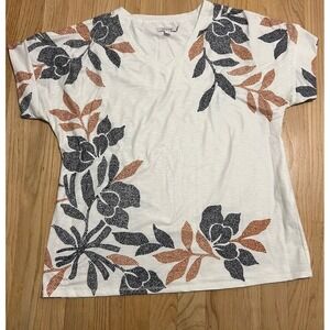 Chico's‎ Zenergy Sz Medium Floral Drop Shoulder Tee White Black c V-Neck